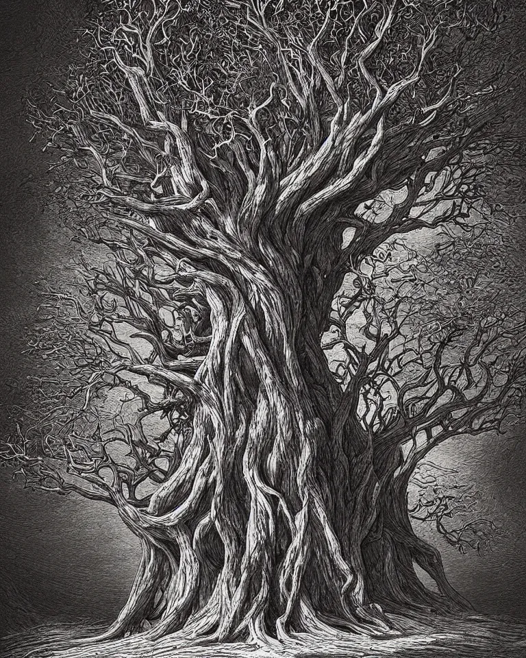 Prompt: Book cover artwork of the mythical tree of life, which is made by agonizing human beings crawling on top of each other and ultimately falling down branches. It has grown in the middle of infinite desert dunes and is seen from a distance. Artwork influenced by Gustave Doré and other fantasy artists.