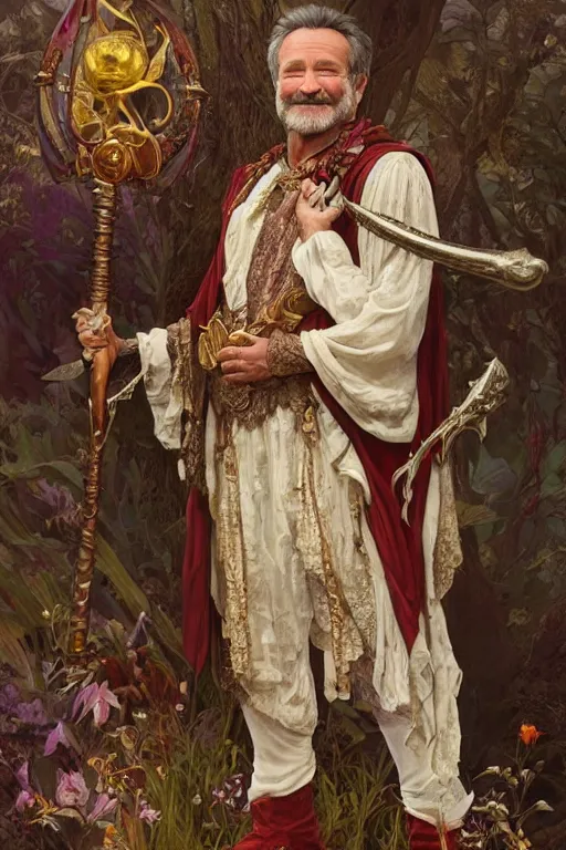 Image similar to an ultradetailed full body portrait of robin williams dressed as sheogorath, d & d, fantasy, intricate, elegant, highly detailed, digital painting, matte, sharp focus, illustration, art by john collier and albert aublet and krenz cushart and artem demura and alphonse mucha