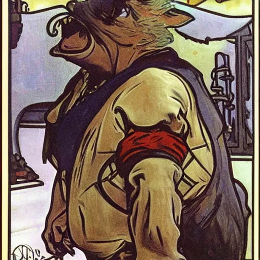 Image similar to baby gamorrean guard being looked after by tom baker dr who, alphonse mucha