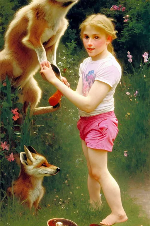 Prompt: a seven - year old with long curly dirty blonde hair, blue eyes, tan skin a pink tee shirt and shorts, playing with foxes, painting by daniel gerhartz, alphonse mucha, bouguereau, detailed art, artstation