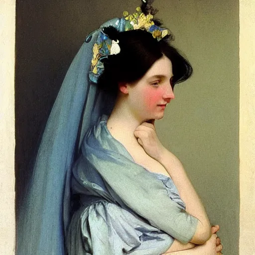 Prompt: a young woman’s face, her hair is silver, she wears a long flowing blue satin veil, by ivan aivazovsky and pieter claesz and paul delaroche and alma tadema and august malmstrom and and willen claesz heda and aelbert cuyp and gerard ter borch and alphonse mucha, hyperrealistic, volumetric light, rendered in octane, c4d