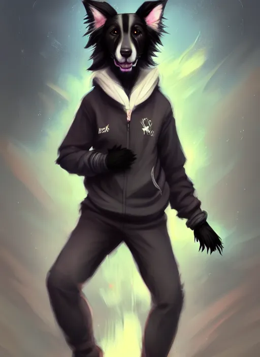 Image similar to wide angle beautiful full body portrait of a cute male anthropomorphic anthro border collie fursona wearing a tracksuit in a dark city, character design by charlie bowater, henry asencio, and ross tran, furry art, furaffinity, beautiful, glamor pose, detailed, aesthetic, trending on artstation