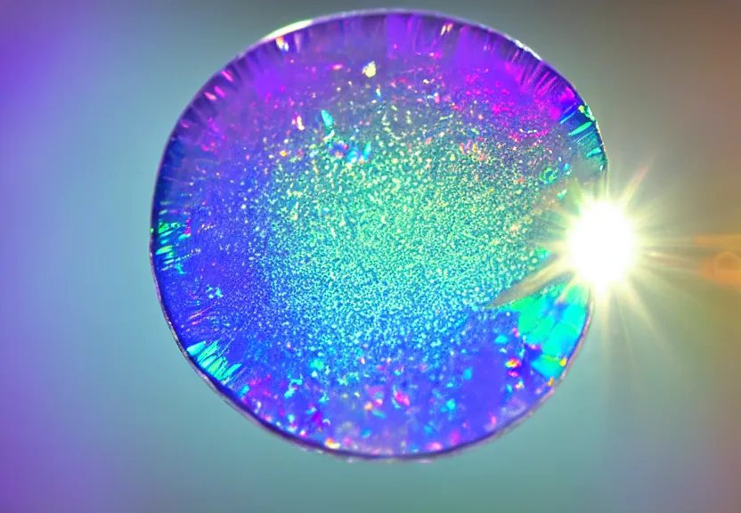 Prompt: iridescent gemstone, refraction, shining, opal, diamond, sapphire, topaz, nature, photo, blur, macro lens, lens flare