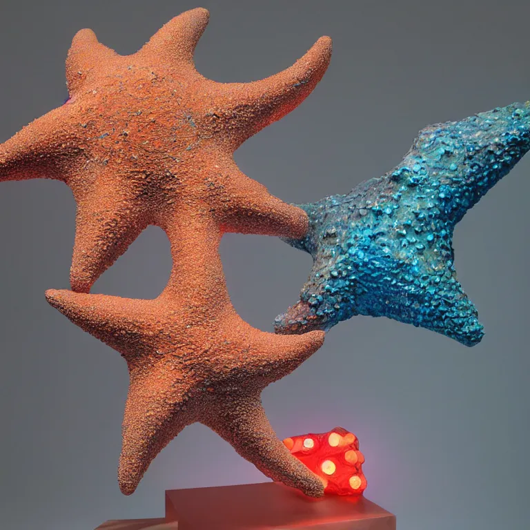 Prompt: hyperrealistic sculpture of a bronze ancient fossilized bulging starfish dusted with opalescent blue and iridescent red spraypaint in a nylon grid cage on a pedestal by ron mueck and duane hanson and lee bontecou, hyperrealistic dramatic colored lighting trending on artstation 8 k