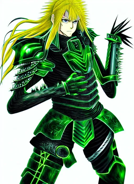 Prompt: a detailed anime full body portrait of a male warrior with long blonde hair and blue eyes wearing evil green spiked cyberpunk armour by hirohiko araki,