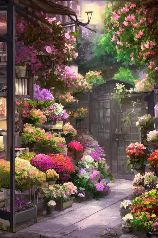 Image similar to a little flower shop's front gate, fresh, digital illustration, pixiv, dramatic lighting