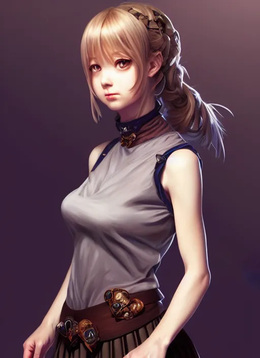 Image similar to portrait of a full body of beautiful young female detective, d & d, sleeveless turtleneck, pleated skirt, fantasy, flat lighting, intricate, highly detailed, digital painting, artstation, concept art, smooth, sharp focus, illustration, misa amane, art by simon bisley and greg rutkowski and alphonse mucha, natural tpose