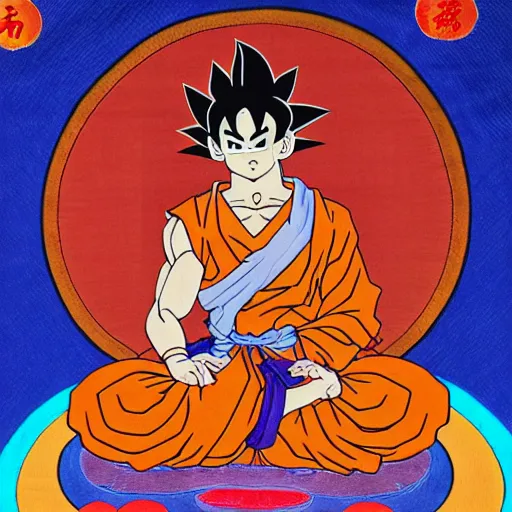 Image similar to Goku depicted in a Buddhist style Thangka painting