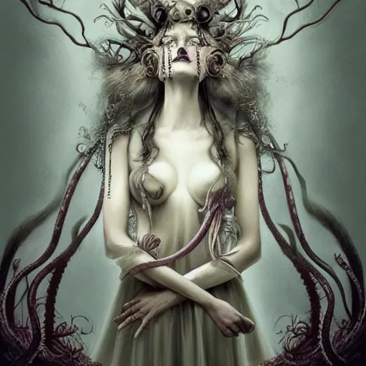 Image similar to curiosities carnival fashion show in wonderland, soft paint of a single elegant goth sorceress in a full long dress, symmetry accurate features, horror, tentacles, darkness, fog, focus, madness, insanity, very intricate ultrafine details, award winning masterpiece, tom bagshaw artstyle