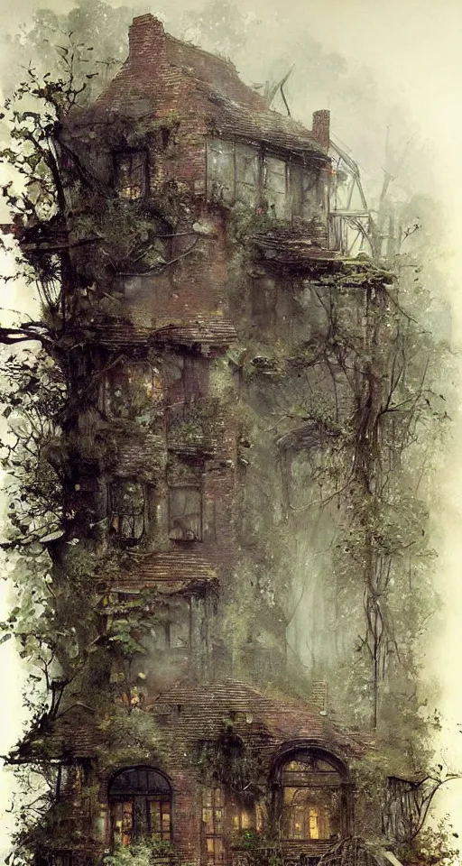 Image similar to (((((a ramshackle manhattan brick brownstone deep in the forest, completely overgrown))))) by Jean-Baptiste Monge!!!!!!!!!!!!!!!!!!!!!!!!!!!
