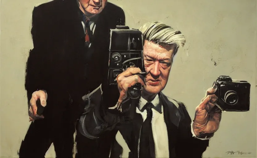 Prompt: phil hale painting of david lynch holding a camera looking stupid