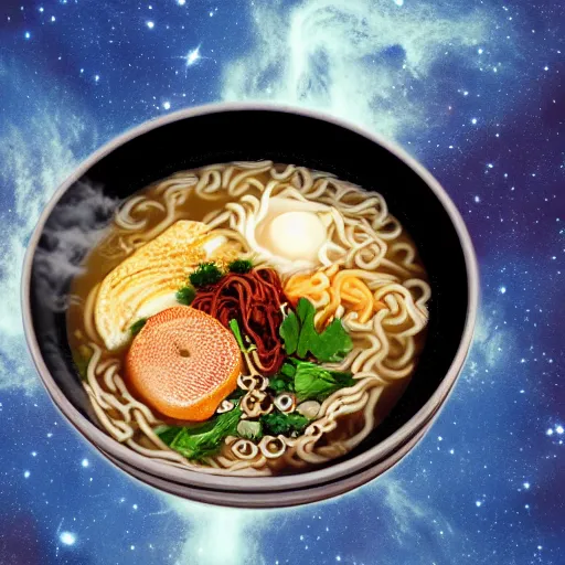 Image similar to Delicious looking bowl of ramen floating in space, space telescope, stars, galaxies