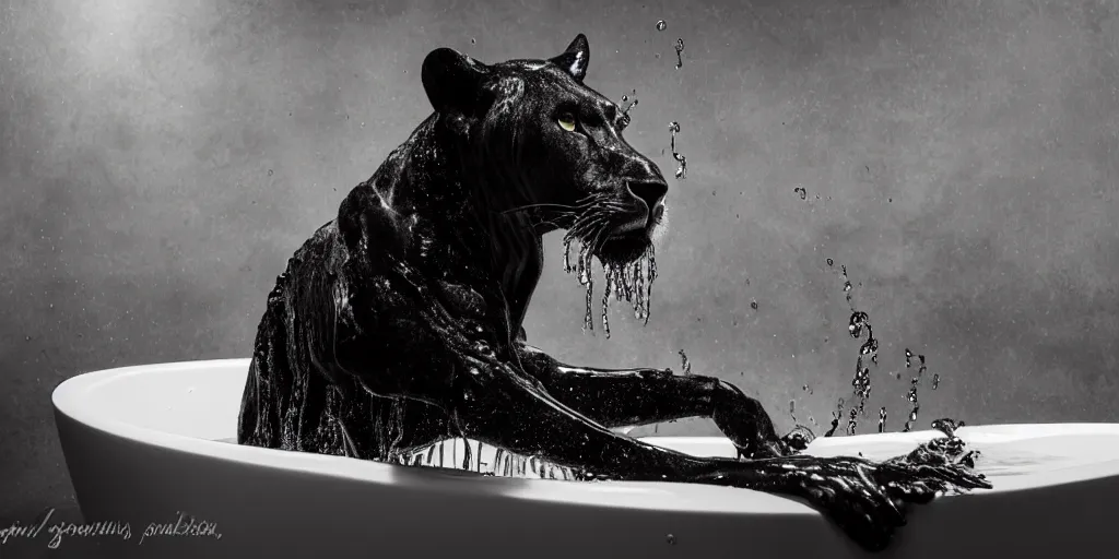 Prompt: a black lioness made of ferrofluid bathing inside the bathtub full of ferrofluid, covered in dripping ferrofluid. dslr, photography, realism, animal photography