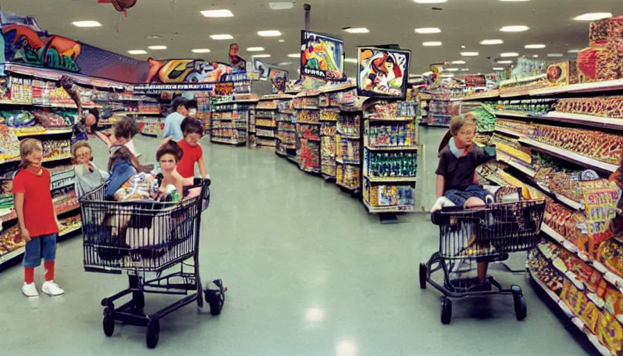 Image similar to 1990s photo of inside the Boring News Grown up errands ride at Universal Studios in Orlando, Florida, children riding on minivans through a grocery store , flying soccer balls, cinematic, UHD