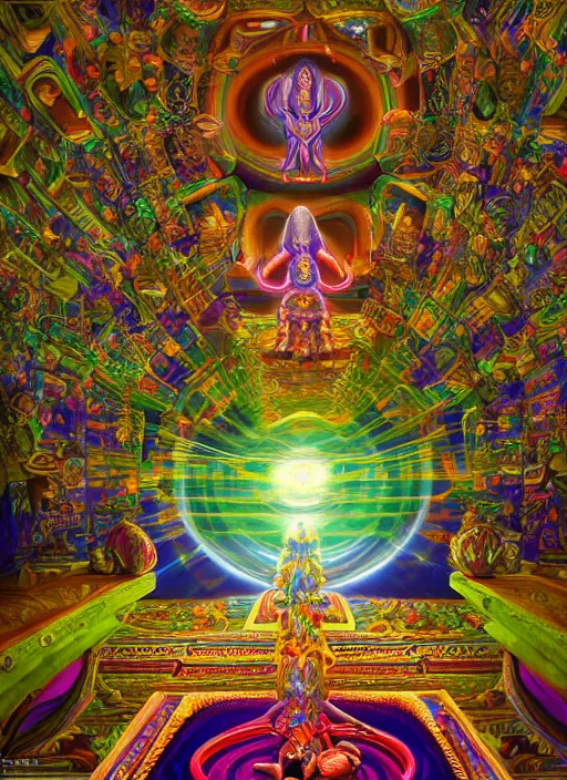 Prompt: breathtakingly beautiful ultrawide angle colour masterpiece weird dream, low angle view from inside a hindu temple, figure meditating close shot, strange beautiful cybertronic temple, incredible sense of depth and perspective and clarity, hyperrealism, realistic, dramatic lighting, leds, arch, symmetry symmetrical, alex grey and moebius and studio ghibli, 8 k