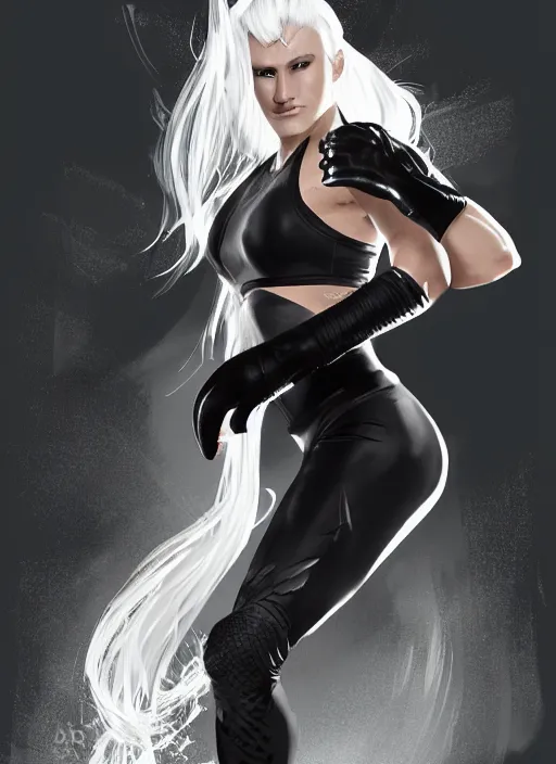 Prompt: a highly detailed illustration of fierce ponytail platinum blonde woman wearing black mma gear and gloves, dramatic muay thai kick stance pose, fairly muscular, athletic, intricate, elegant, highly detailed, centered, digital painting, artstation, concept art, smooth, sharp focus, league of legends concept art, WLOP