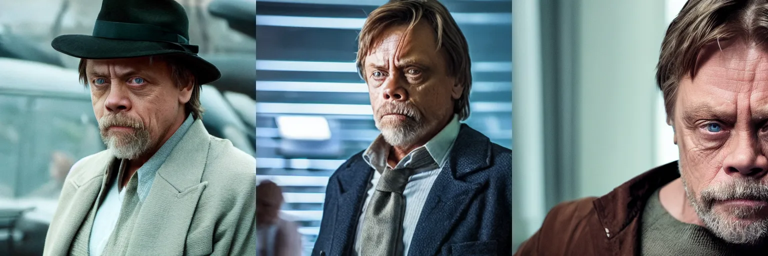 Prompt: close-up of Mark Hamill as a detective in a movie directed by Christopher Nolan, movie still frame, promotional image, imax 70 mm footage