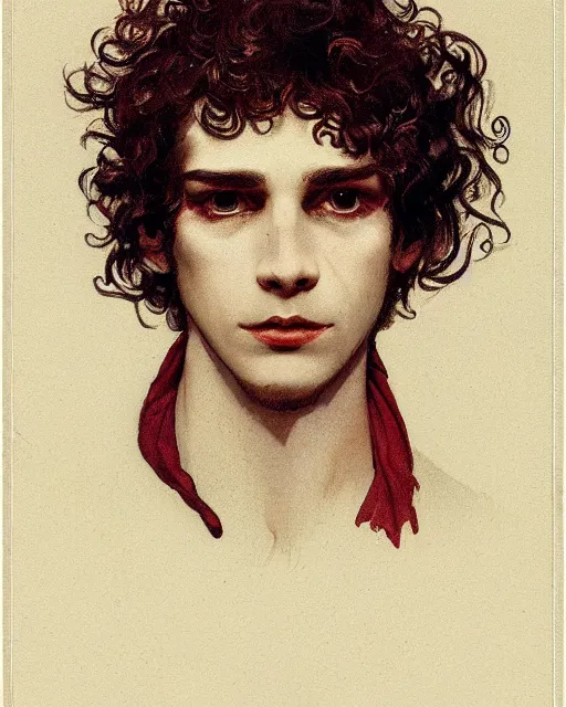 Image similar to a handsome but sinister and creepy young man in layers of fear, with haunted eyes and curly hair, 1 9 7 0 s, seventies, delicate embellishments, a little blood, crimson, painterly, offset printing technique, by alexandre cabanel