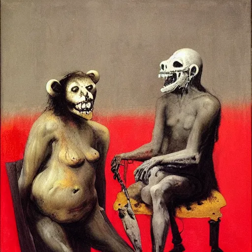 Prompt: dark fleshy figure seated next to another dark figure laughing in a messy living room by Francisco Goya and Francis Bacon, vibrant red background, mythological painting, oil painting, triadic color scheme, very coherent, Figure laughing seated on a throne made out of a bear skeleton inside interior room, Beksinski painting, masterpiece, artstation