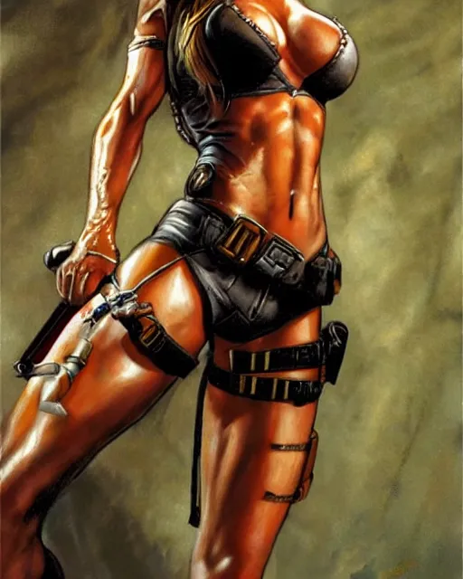 Prompt: denise richards as lara croft, fantasy art, photorealistic, simon bisley