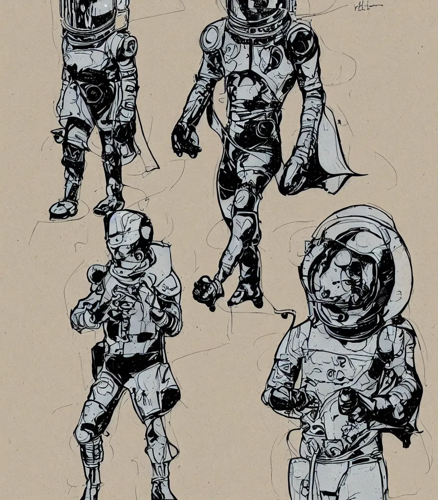 Image similar to male, heroic figure, space suit with a modern helmet, character sheet, science fiction, sketch, very stylized, digital art, illustration on kraft paper, shaded pen and ink, digital painting, by mike mignola, by alex maleev