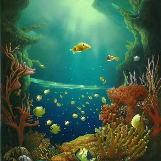 Image similar to underwater abyss, sea creatures, depths, green atmosphere, darkness, fish, by asher brown durand, by iyoshitaka amano