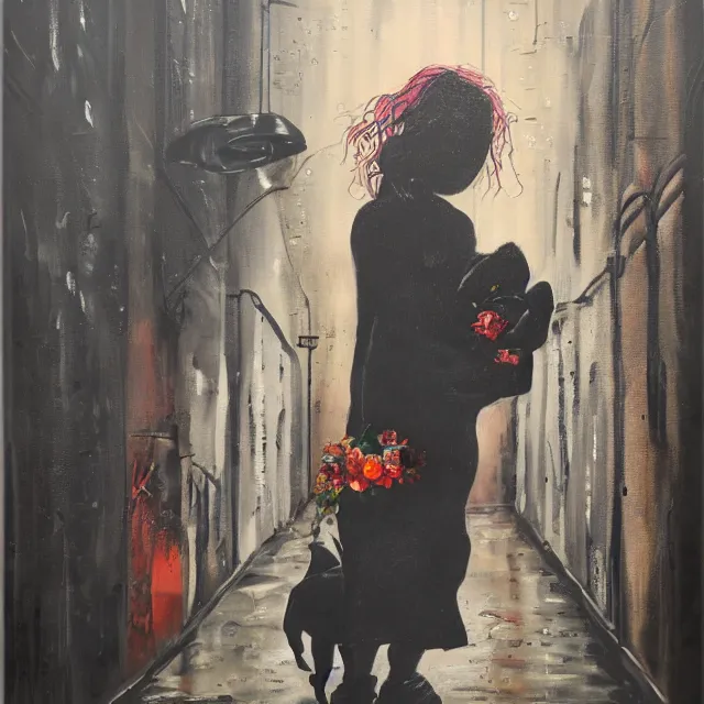 Image similar to a portrait in a dark laneway, a woman holding a piglet, streetlamps, wet, puddles, wild berries, rats, ikebana, octopus, neo - expressionism, surrealism, acrylic and spray paint and oilstick on canvas