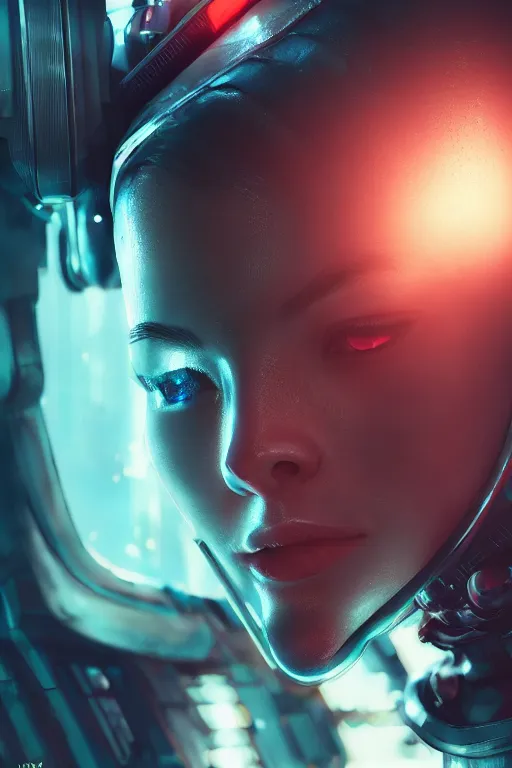 Image similar to beautiful close - up portrait of a cyborg mercenary girl, art by wlop, liam wong, cyberpunk, neon, combat armor, head and shoulders, intricate details, trending on artstation, sharp focus, caustics, octane render, radiant light, 4 k