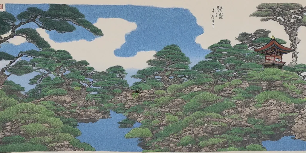 Prompt: japanese landscape with pagoda, trees and rocks, detailed, in the style of studio ghibli