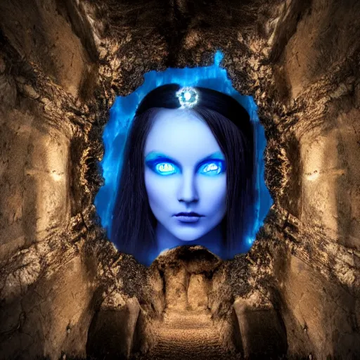 Image similar to mysterious divine goddess with bright blue eyes in a dark cave, photo 3 d,