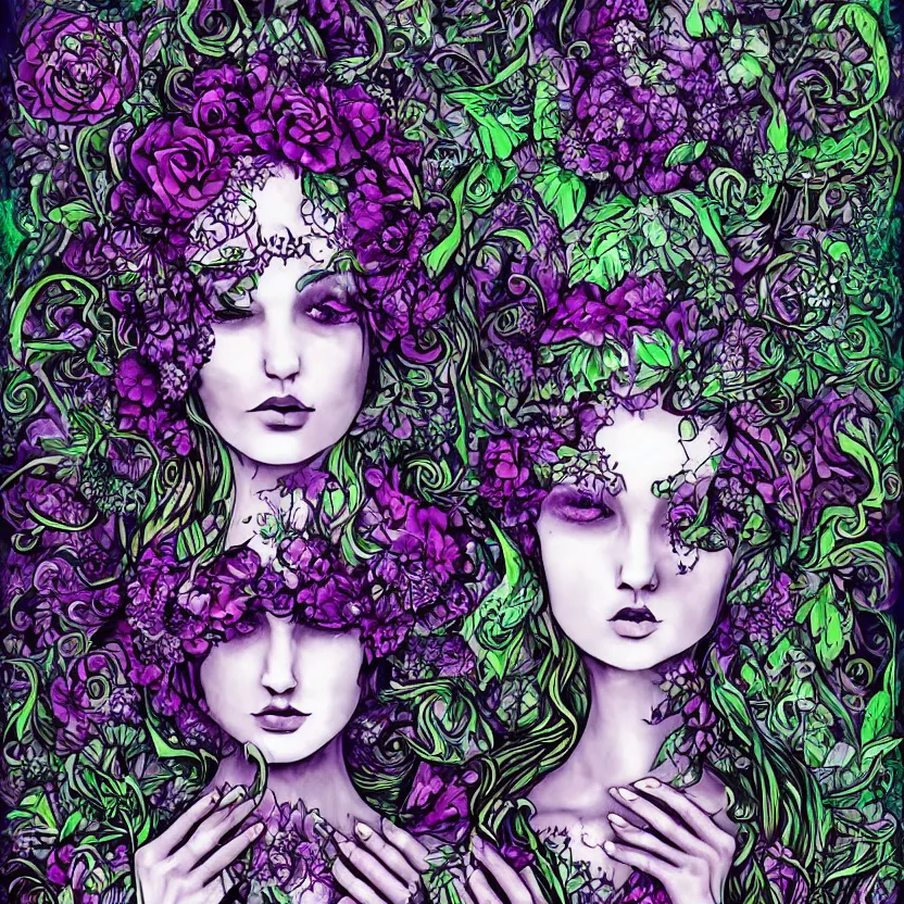 Prompt: tranquil oblivion, floral queen and prince, Gothic psychedelic flowers, artwork by artgem