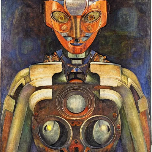 Image similar to the robot in her mechanical mask, by Annie Swynnerton and Diego Rivera, symbolist, dramatic lighting, elaborate geometric ornament, Art Brut ,god rays, soft cool colors,smooth, sharp focus, extremely detailed, Adolf Wölfli