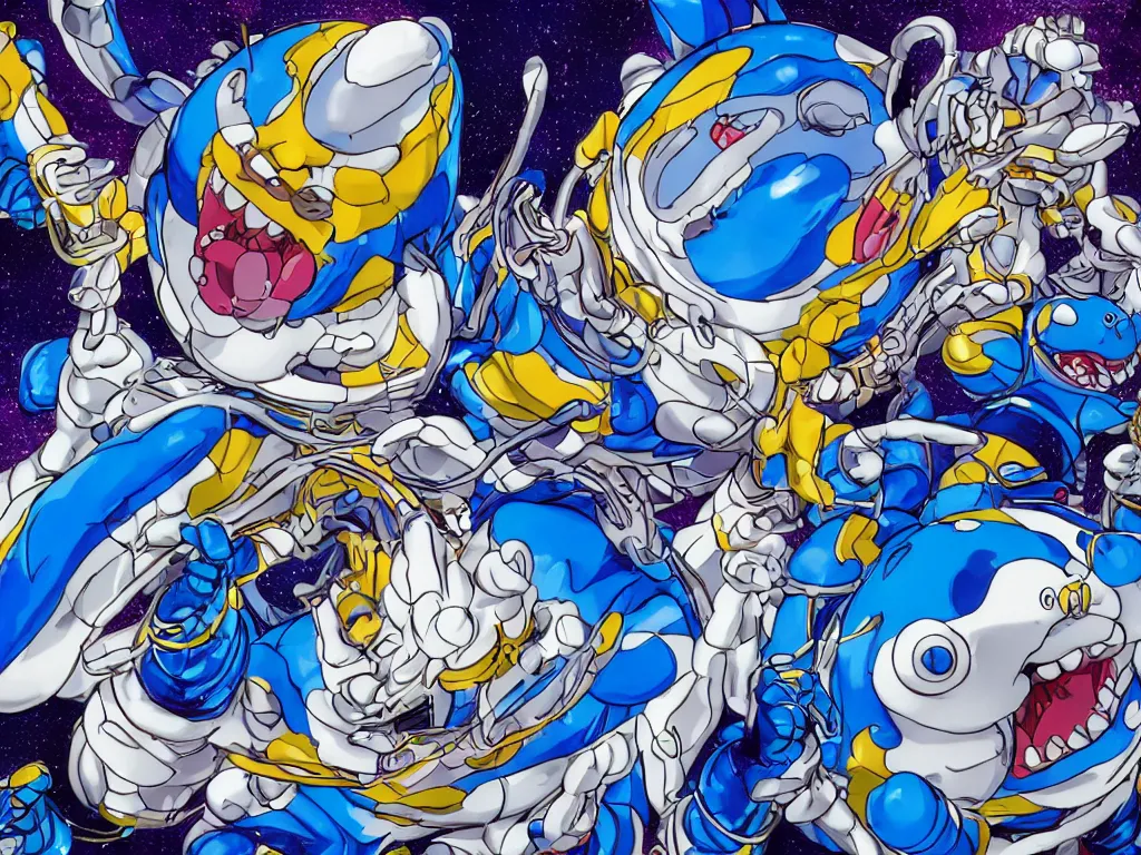 Prompt: Jeff Koons Doraemon Dorami Street Sharks Venom Galaxy Rangers Fractal Dragon statue, in the style of Hajime Sorayama, Max Fleischer, Boris Vallejo, Syd Mead