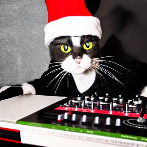 Prompt: cat in the hat on the dj decks