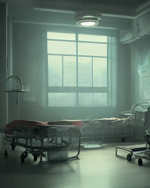 Image similar to artstation scifi scene of a old chinese hospital ward, a bunch of light on a business card, bed, wheelchair, window, bedside table, paneled walls, unreal engine 5, hyper realism, realistic shading, cinematic composition, blender render, octane render, hdr, detailed textures, photorealistic, wide shot