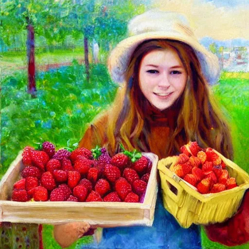 Image similar to Cute Blonde Girl 21 years old with locks sells Strawberries in a fruit stand, oil on canvas, Impressionism