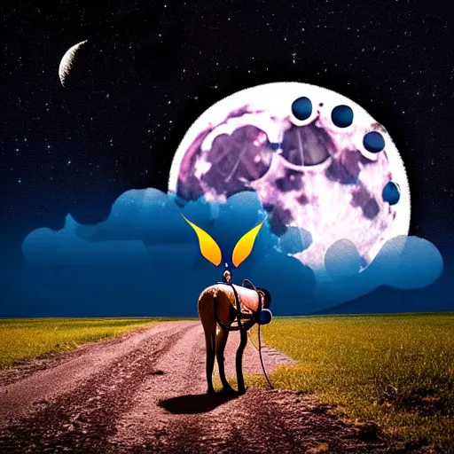 Image similar to a mule with headphones on, under awesome moon lit clouds, stunning photograph, from the point of view of an ant