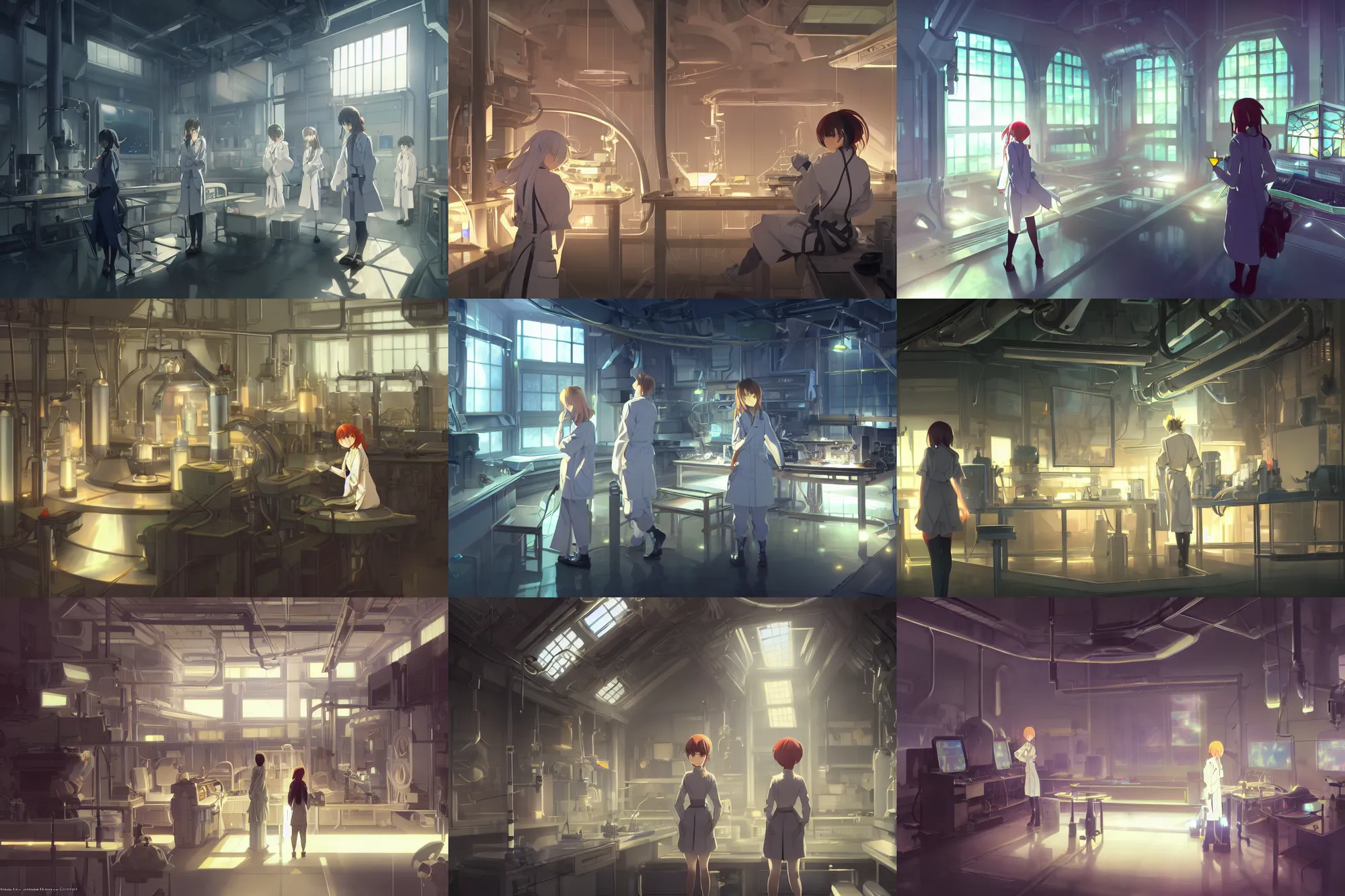 Prompt: in the dark hightech laboratory full of different advanced metal equipments very high details, volumetric lighting, raytracing anime style girl in labcoat, fantastic details, anime art, trending on artstation, pixiv, makoto shinkai key visual kyoto animation studio ghibli tran ross and alphonse mucha and wlop concept art