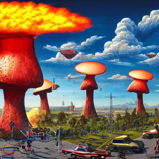 Prompt: terminators playing on a playground with a giant nuclear mushroom cloud in the back ground of a bright blue sky high level of detail 8 k resolution hyperdetailed photorealism