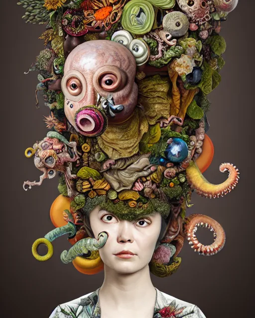 Image similar to a maximalist biomorphic portrait with with large eyes, expressive, wearing a botanical gas mask by arcimboldo, baroque painting by ayami kojima, mark ryden, cephalopod, mixed media 3 d collage, focus on head, soft light, 4 k, octane high quality render