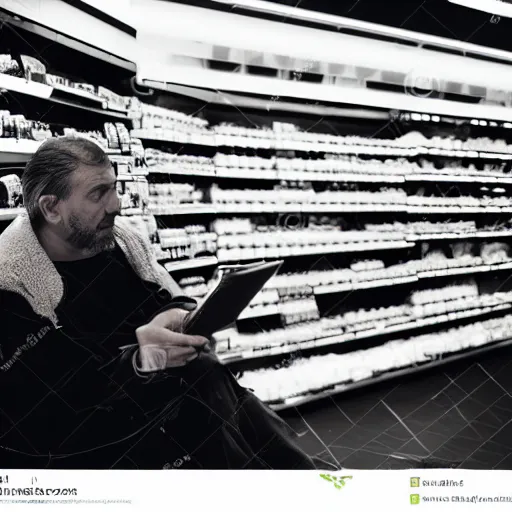 Image similar to a man in a store at 3 in the night he's bored and sitting on his chair working on a supermarket and there's only one light on