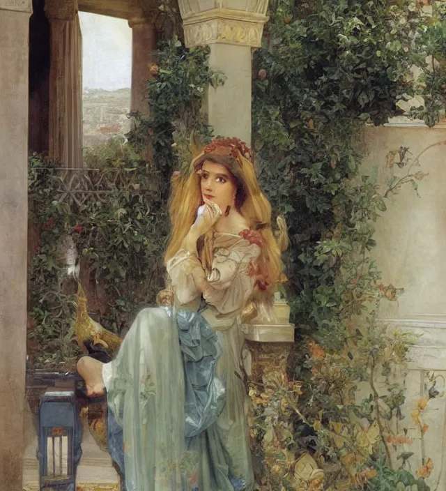 Prompt: intricate oil painting of a pretty young arabian princess on her palace balcony, looking out over her garden, elegant, digital painting, sharp focus, illustration, ultra realistic, 8 k, by bouguereau, alphonse mucha, edmund dulac