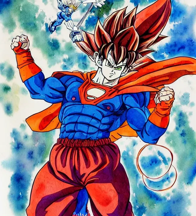 Prompt: a 3 / 4 view watercolor ink painting of goku as a superhero in the style of jean giraud in the style of moebius trending on artstation deviantart pinterest detailed realistic hd 8 k high resolution