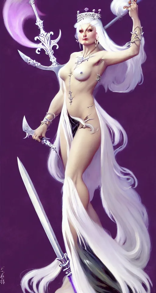 Image similar to frank frazetta painting of queen of hokra, silver white hair, violet long gown, full body, sorceress sword, soft lighting, trending on artstation, by huang guangjian and gil elvgren and sachin teng