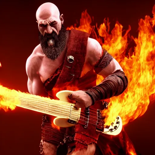 prompthunt: kratos shredding on a flaming stratocaster guitar
