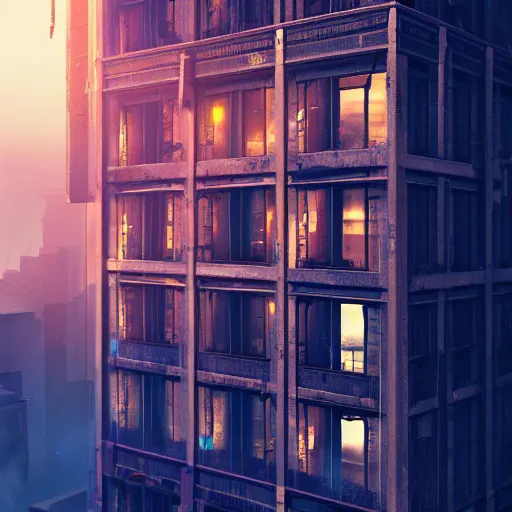 Image similar to One dilapidated building with only one window glowing. ArtStation, Cyberpunk, Vertical Symmetry, 8K, Highly Detailed, Intricate, Album Art.