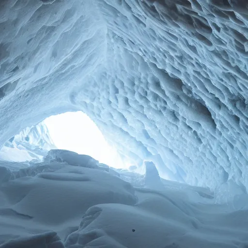 Prompt: a dark ice cave with a glowing ice spike in the center, surreal,