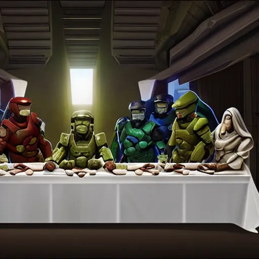 Prompt: master chief from halo sitting next to jesus during the last supper, unreal engine 5