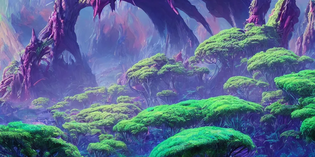 Image similar to a beautiful alien landscape with deadly alien plants, colorful, wide angle, super highly detailed, professional digital painting, artstation, concept art, smooth, sharp focus, no blur, no dof, extreme illustration, Unreal Engine 5, Photorealism, HD quality, 8k resolution, cinema 4d, 3D, beautiful, cinematic, art by artgerm and greg rutkowski and alphonse mucha and loish and WLOP