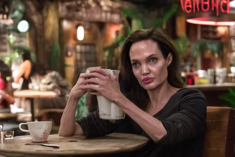 Image similar to The Predator (2018), Angelina Jolie, best friends, drinking coffee at central perk, still photo, hyperrealistic, 35mm, 8k, by weta digital